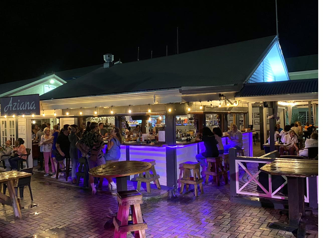 Aziana bar and lounge at night in Bobby's Marina, Philipsburg